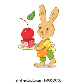 vector rabbit illustration, cute rabbit baker carries little cake with big cherry on the top.