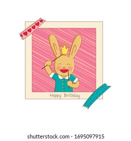 vector rabbit illustration, cute birthday postcard, rabbit holding photo booth props - crown and paper lips.