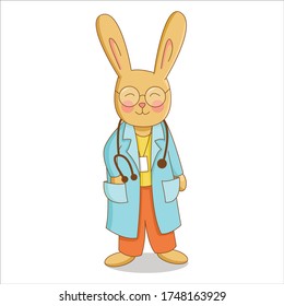 vector rabbit illustration, cute doctor wearing blue coat and round glasses.