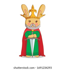 ilustración vectorial de conejo, el lindo rey conejo sostiene una gran espada, tiene corona dorada, capa larga y barba blanca.