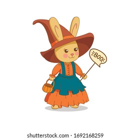 vector rabbit illustration, cute rabbit wearing halloween costume of little witch