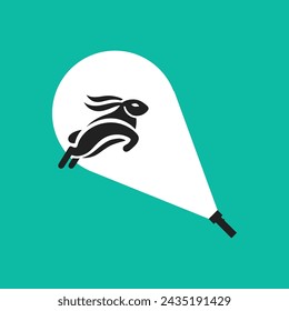 Vector of a rabbit jumping and being illuminated by a flashlight, on a turquoise green background.