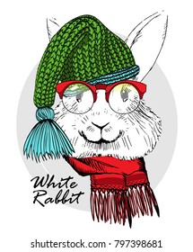 Vector rabbit with knitted hat and red scarf. Hand drawn illustration of dressed rabbit.