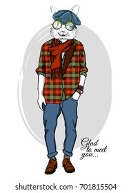 Vector rabbit with knitted hat and scarf. Hand drawn illustration of dressed rabbit