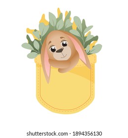Vector rabbit with long ears in a pocket on a white background. Bunny on a white background. Cute rabbit in a pocket with twigs. Illustration for postcards.