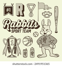 Vector of Rabbit Mascot Vintage Hand Drawn Object Set
