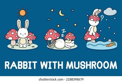 Vector Rabbit with Mushroom Morning Night and Rainy days
