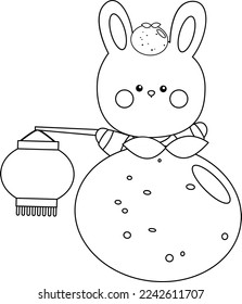 a vector of a rabbit and orange holding a lantern in black and white coloring