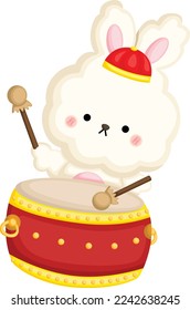 a vector of rabbit playing a chinese drum