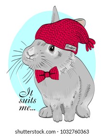 Vector rabbit with red knitted hat and red bow. Hand drawn illustration of dressed rabbit.