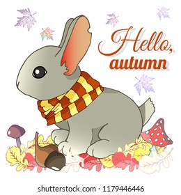 Vector rabbit in a scarf. Autumn leaves. Hello, autumn.