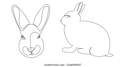 Vector rabbit set in a line style. Colored rabbit icon. Continuous linear drawing of the Easter bunny is a black and white minimalist hand-drawn vector illustration. Isolated on a white background