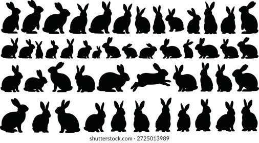 Vetor, coelho, silhuetas, coelho, lebre, animais, natureza, páscoa, vida selvagem, coleção, preto, animais de estimação, fazenda, jardim, pulando, sentado, ouvidos, vários, forma