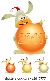 Vector rabbit, the symbol of  2011, holding a shiny Christmas ball. Different color variations