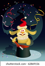 Vector rabbit wearing Santa cap and holding a magic wand, pops out of the top hat