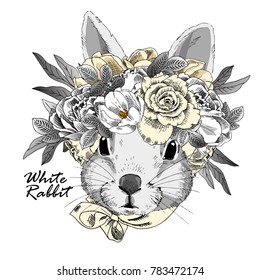 Vector rabbit with wreath. Hand drawn illustration of dressed rabbit.