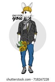 Vector rabbit with yellow cap, scarf and bouquet. Hand drawn illustration of dressed rabbit with yellow roses.