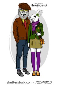 Vector rabbit-girl and wolf-boy. Hand drawn illustration of dressed wolf and bunny. 