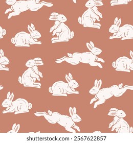 Vector Rabbits. Bunnies Seamless Pattern. Brown Background with White Bunny. Hand drawn.	
