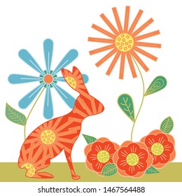 Vector Rabbits Flowers in Red, Blue, Green, Orange, Yellow Illustration