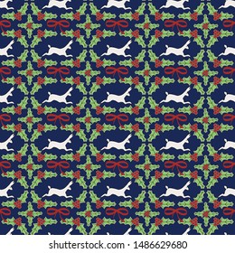 Vector Rabbits and Green Red Holly on Blue Seamless Repeat Pattern