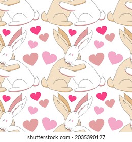 Vector rabbits hug each other with their paws. Bunnies with raised ears. For print.