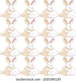 Vector rabbits hug each other with their paws. Bunnies with raised ears. For print.