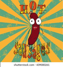 vector rabid sausage for fabric t-shirt.vector cartoon.vintage sausage