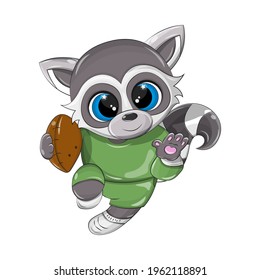 Vector raccoon athlete with a ball who is engaged in rugby. The animal is isolated on a white background that will make it easy to make png from it for prints on baby products