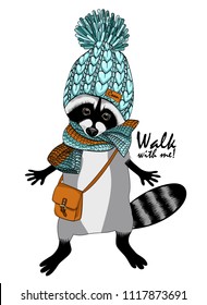 Vector raccoon with bag, knitted hat and scarf. Hand drawn illustration of dressed raccoon.