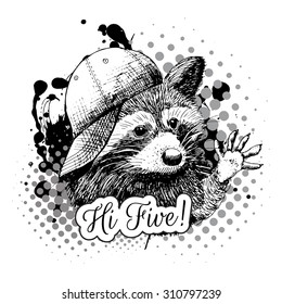Vector raccoon in the cap. White and black 4. Welcome and greeting. 	 