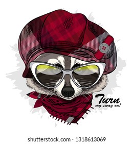 Vector raccoon with checkered hat, glasses and  scarf. Hand drawn illustration of dressed raccoon.