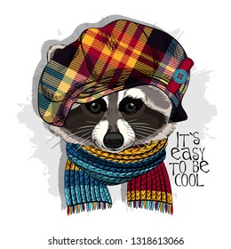 Vector raccoon with checkered hat and knitted scarf. Hand drawn illustration of dressed raccoon.
