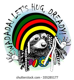 Vector raccoon. Colourful rastafarian in beret. Rastafari raccon. Green, red, yellow.
Animal with dreadlocks.


