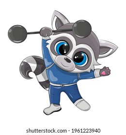 Vector raccoon doing weightlifting on a white background. From this vector image it is easy to make an png file for prints on children's sports themes.