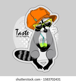 Vector raccoon with a glass, glasses and orange cap. Hand drawn illustration of dressed coon.