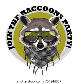 Vector raccoon with glasses. Hand drawn illustration of dressed raccoon.