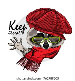Vector raccoon with glasses. Hand drawn illustration of dressed raccoon. Keep it real.