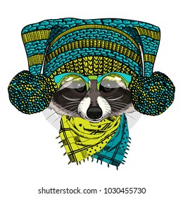 Vector raccoon with glasses, knitted hat and scarf. Hand drawn illustration of dressed raccoon.