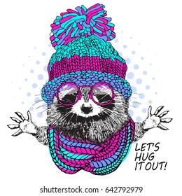 Vector raccoon with glasses, knitted hat and scarf. Hand drawn illustration of dressed raccoon.