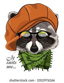 Vector raccoon with glasses, orange cap and scarf. Hand drawn illustration of dressed raccoon.