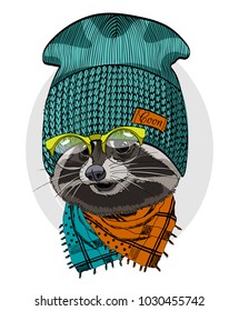 Vector raccoon with green knitted hat and scarf. Hand drawn illustration of dressed raccoon.