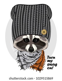 Vector raccoon with grey knitted hat and scarf. Hand drawn illustration of dressed raccoon.