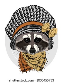 Vector raccoon with grey knitted hat and scarf. Hand drawn illustration of dressed raccoon.
