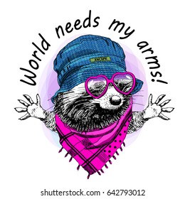 Vector raccoon with hat and glasses. Hand drawn illustration of dressed raccoon.