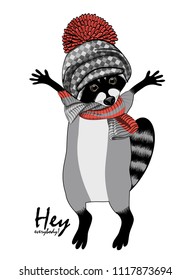 Vector raccoon with hat and knitted scarf. Hand drawn illustration of dressed raccoon.