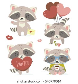 vector raccoon with heart set
