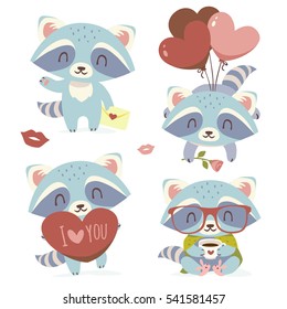 vector raccoon with heart set