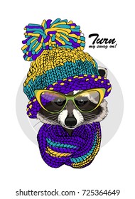 Vector raccoon with knitted hat and glasses. Hand drawn illustration of dressed raccoon.