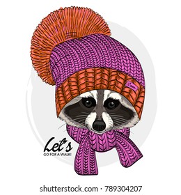 Vector raccoon with knitted hat and scarf. Hand drawn illustration of dressed raccoon.